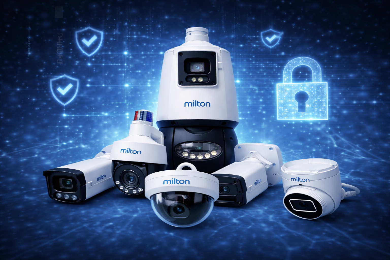 Here’s a strong alt text option: Milton Tech commercial security cameras with digital lock and shield icons representing CCTV surveillance and business security systems. Shorter option: Milton Tech commercial CCTV cameras for business security and surveillance systems.