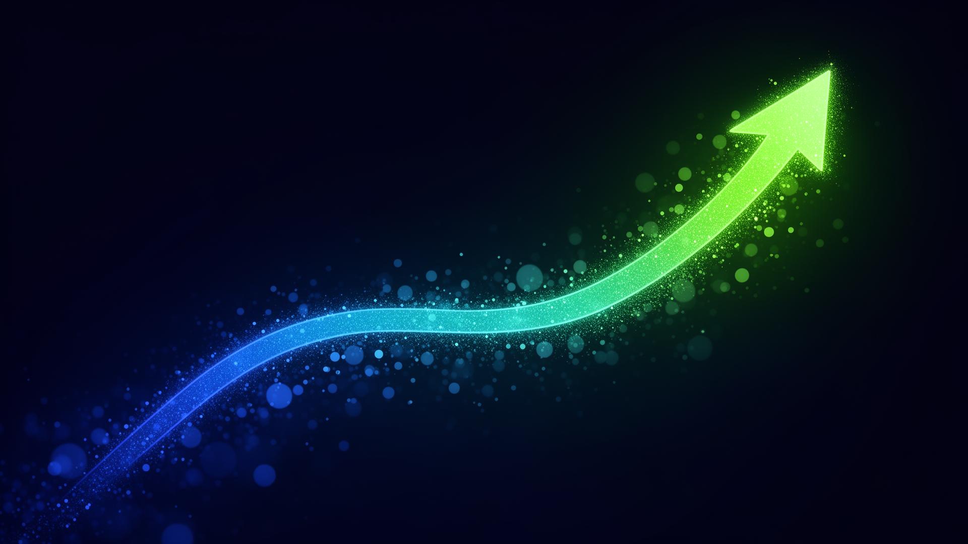 Glowing blue-to-green upward arrow symbolizing rising SEO ROI and growth for Swiss businesses – from the free SEO ROI Guide by SEO ROI Rechner