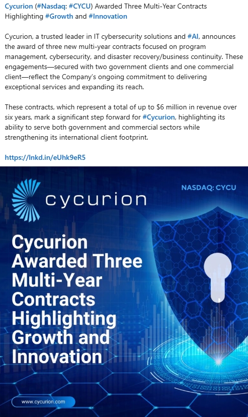 $33 Million Contract Awarded to Enhance Cybersecurity for State-Level Public Higher Education, Plus $6 Million Award by Major Municipal Transportation Agency: Cycurion, Inc. (Nasdaq: CYCU)