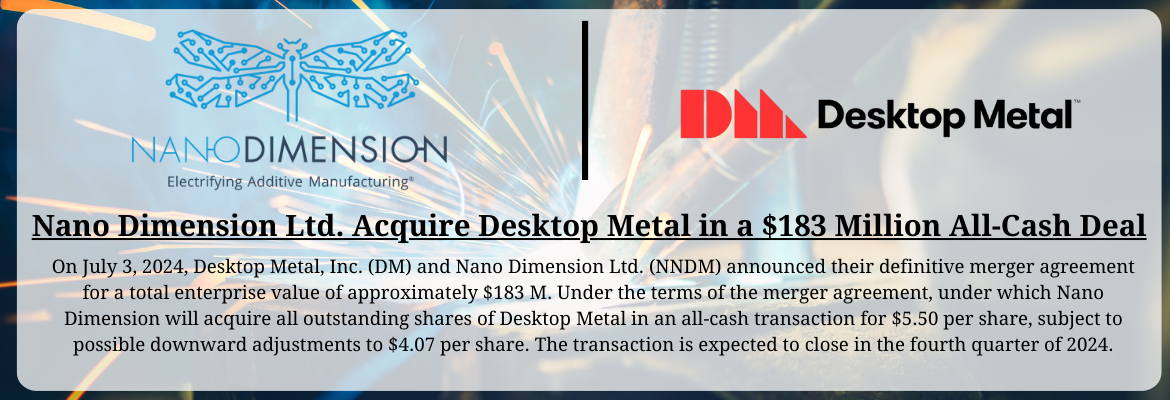Nano Dimension Acquires Desktop Metal in a $183 Million All-Cash Deal 3D printer maker Nano Dimension Ltd. (NNDM) on July 3, 2024, entered into a definitive agreement to acquire its peer Desktop Metal (DM) for $183 million in cash.
