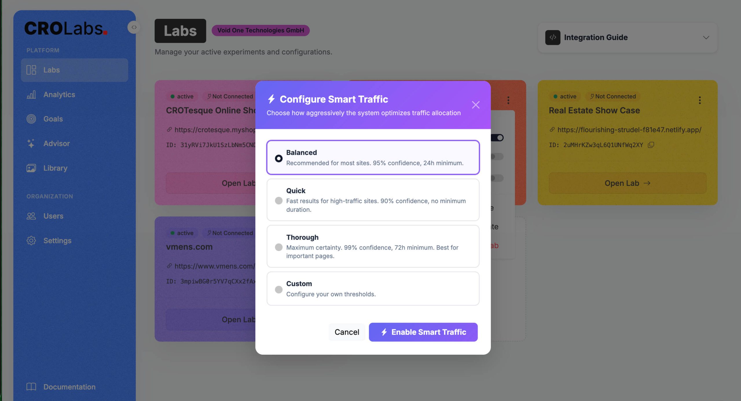 CROLabs Smart Traffic feature automatically adjusts itself for website variants with the maximum conversion rate