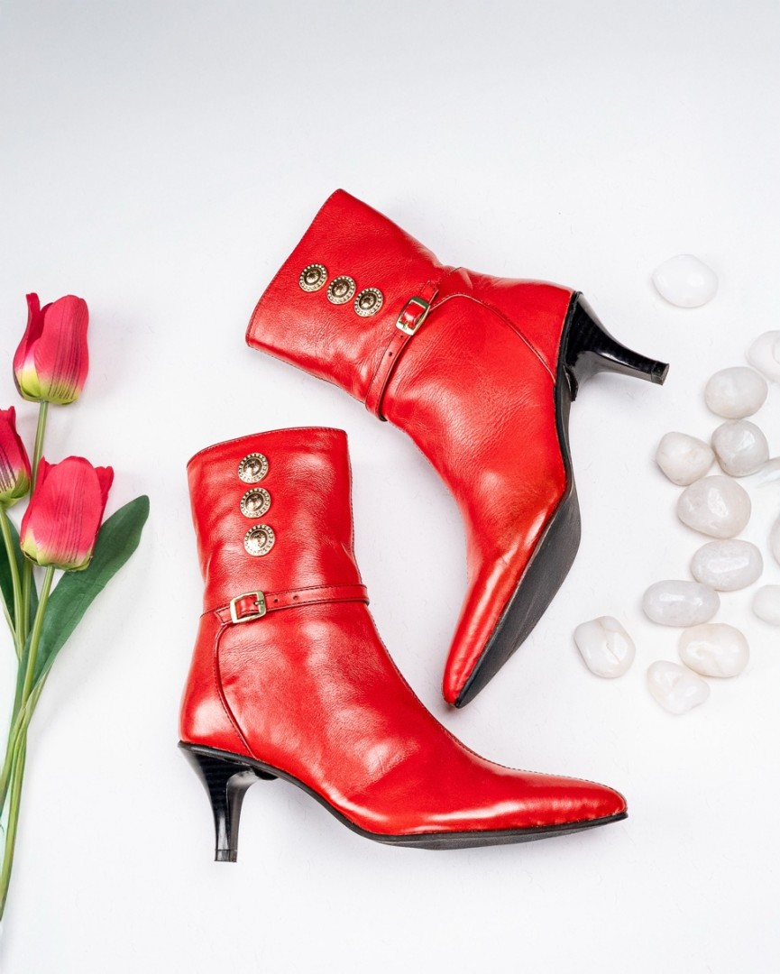 The Cleopatra Boot in Red by Fabbruccio - handcrafted with full-grain premium leather and signature gold-button detailing. The Cleopatra Boot in Red by Fabbruccio - handcrafted with full-grain premium leather and signature gold-button detailing.