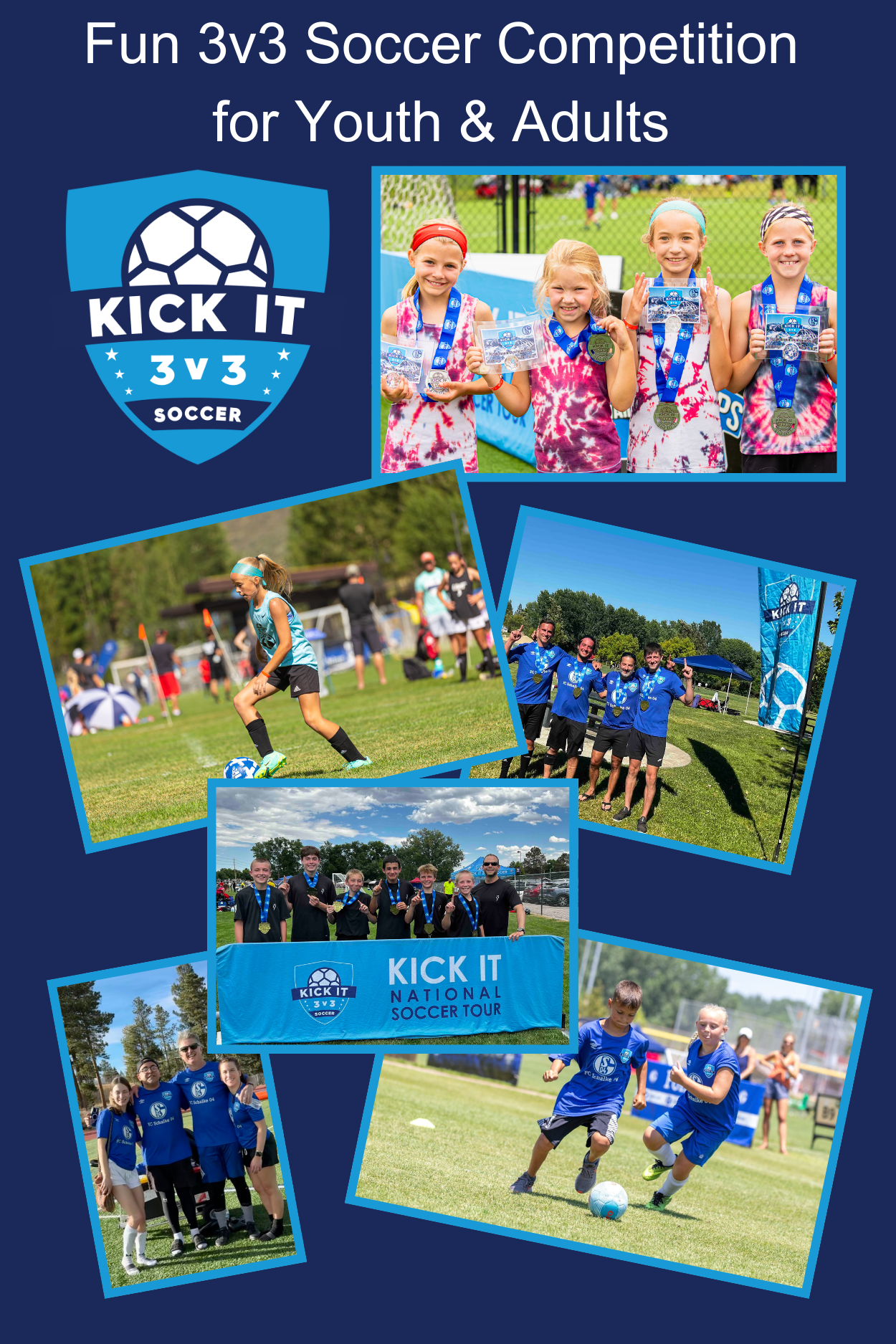 Kick It 3v3 Cup flyer:  Youth and Adult 3v3 Soccer Tournament