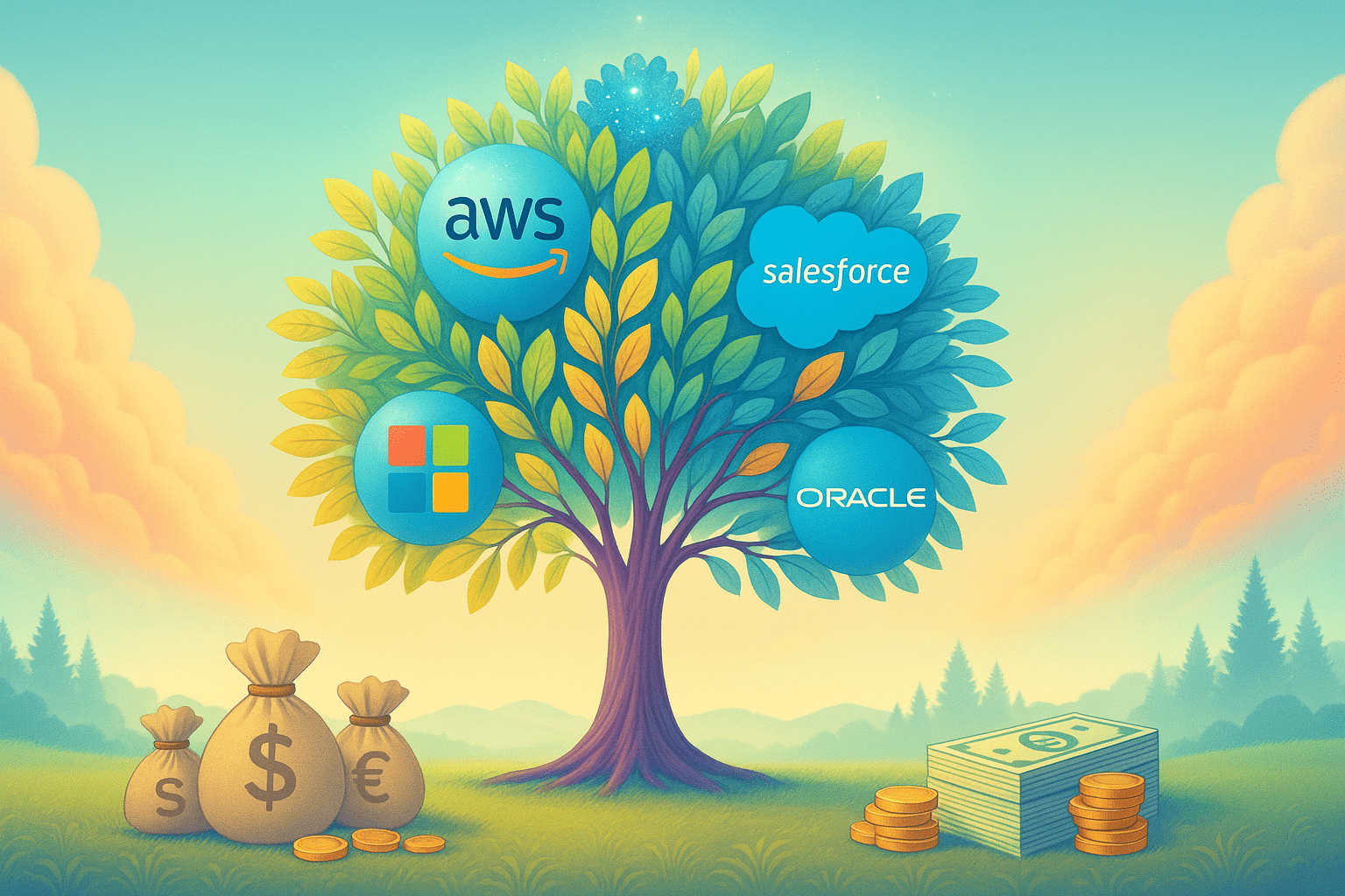 A tree with AWS, Microsoft, Salesforce, and Oracle logos on its leaves, symbolizing tech-driven growth and value