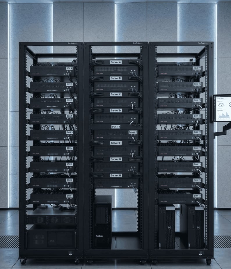 Rack-based infrastructure used to host and manage remotely accessible iPhone devices in a centralized environment.