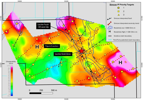 Figure 1: -100m plan view of 3D chargeability model with Resistivity low contours. (Graphic: Business Wire)