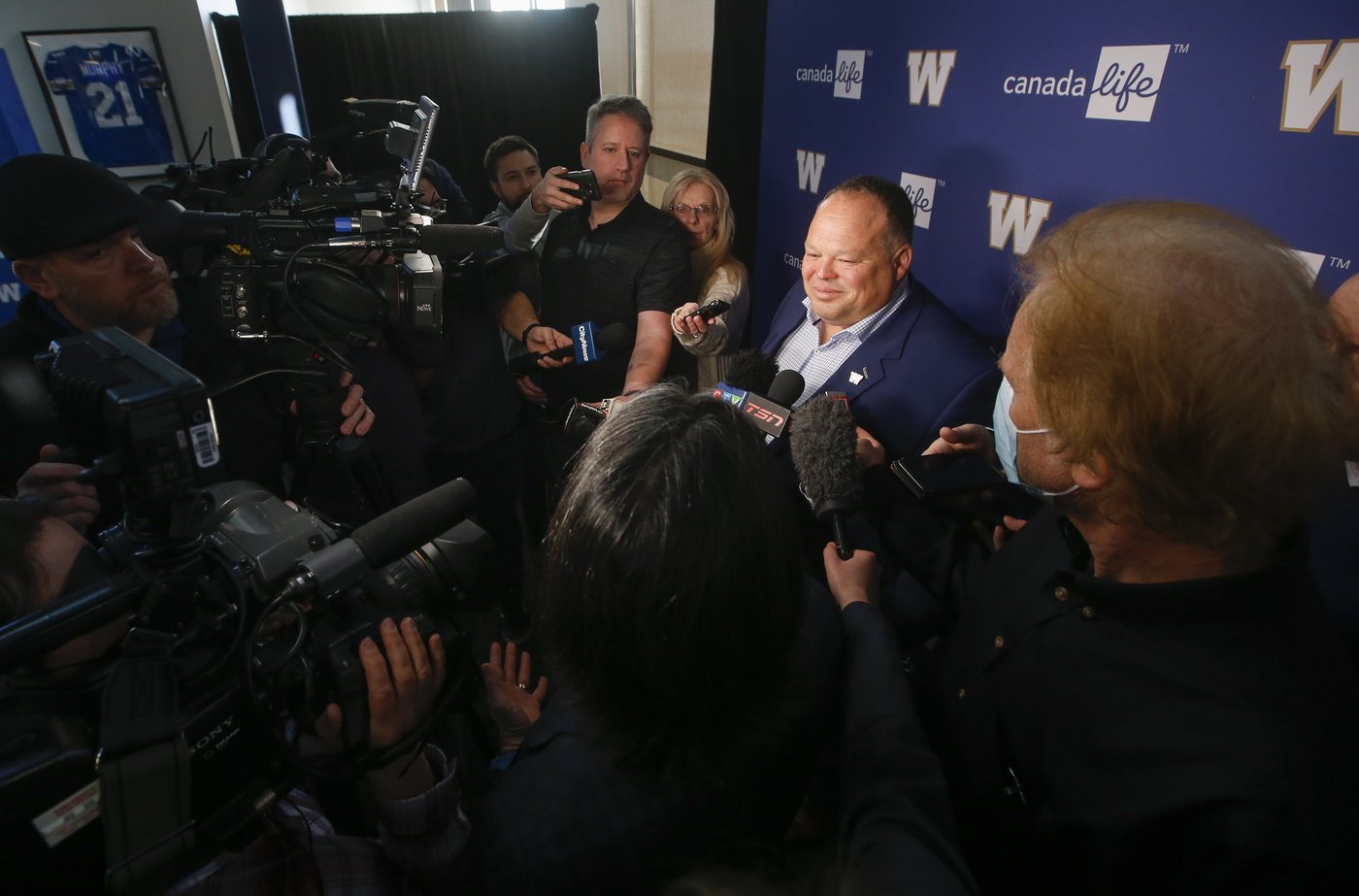 Wade Miller, President and CEO, Winnipeg Football Club speaks to media after CFL commissioner Randy Ambrosie announced that the 2025 Grey Cup will be played in Winnipeg, Tuesday, March 14, 2023.THE CANADIAN PRESS/John Woods