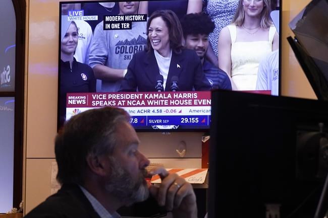 A television on the floor of the New York Stock Exchange shows U.S. Vice President Kamala Harris speaking at the White House, Monday, July 22, 2024. THE CANADIAN PRESS/AP-Richard Drew