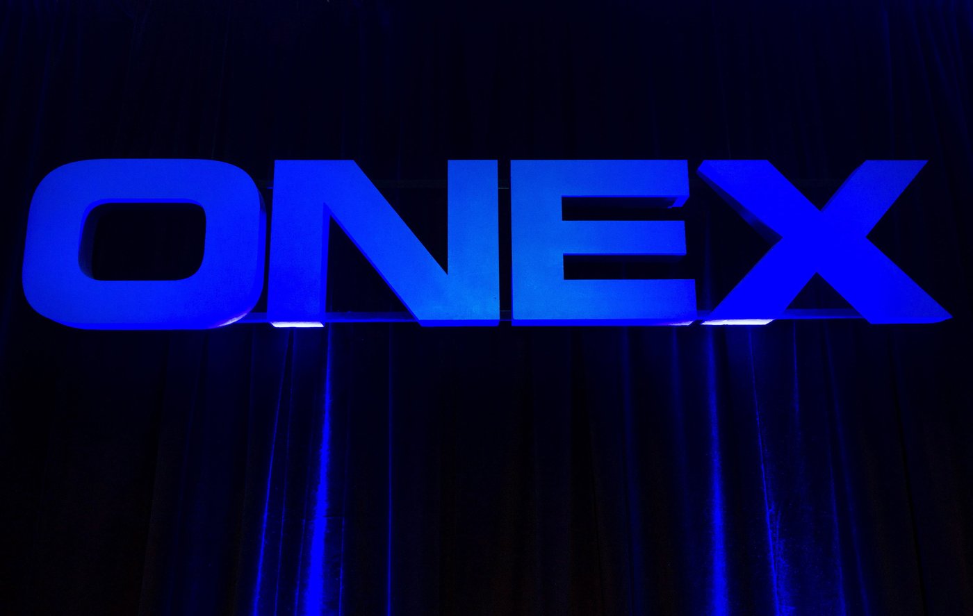 The Onex Corp. logo is displayed at the company's annual general meeting in Toronto on Thursday, May 10, 2012. THE CANADIAN PRESS/Nathan Denette