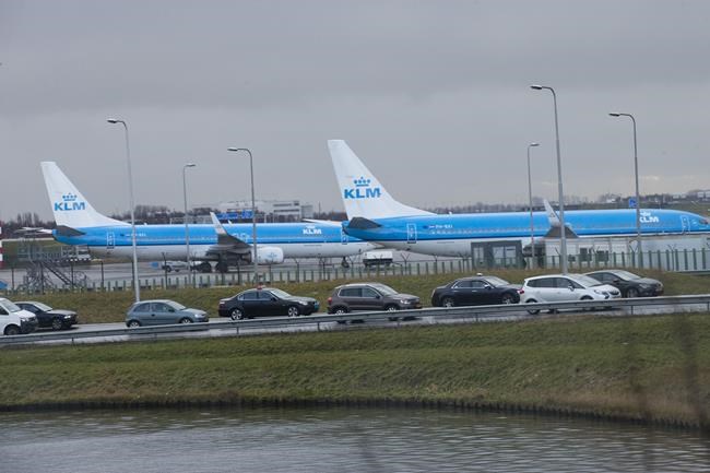 FILE - KLM airplanes sit in Schiphol Airport near Amsterdam, Netherlands, on Jan. 18, 2018. (AP Photo/Peter Dejong, File)