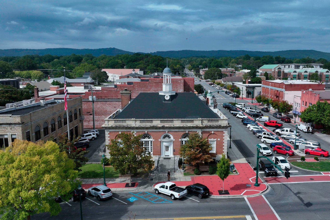 The Carpet and Rug Institute building, center, in downtown Dalton, Ga., on Sept. 30, 2025. (Miguel Martinez/Atlanta Journal-Constitution via AP)
