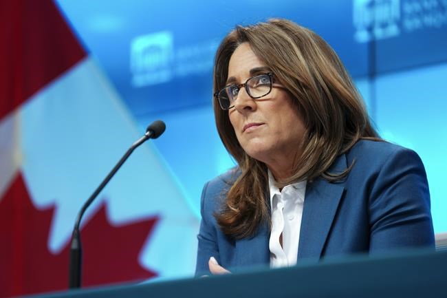 Carolyn Rogers, Senior Deputy Governor of the Bank of Canada, holds a press conference at the Bank of Canada in Ottawa on Wednesday, March 6, 2024. Rogers says the need to improve productivity has reached an emergency level as the economy faces a future where inflation may be more of a threat than in the past few decades.THE CANADIAN PRESS/Sean Kilpatrick