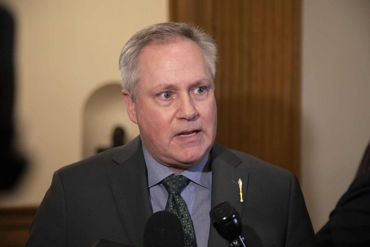 New Brunswick Progressive Conservative Leader Glen Savoie responds to reporters' questions on Tuesday March 18, 2025. THE CANADIAN PRESS/Ron Ward