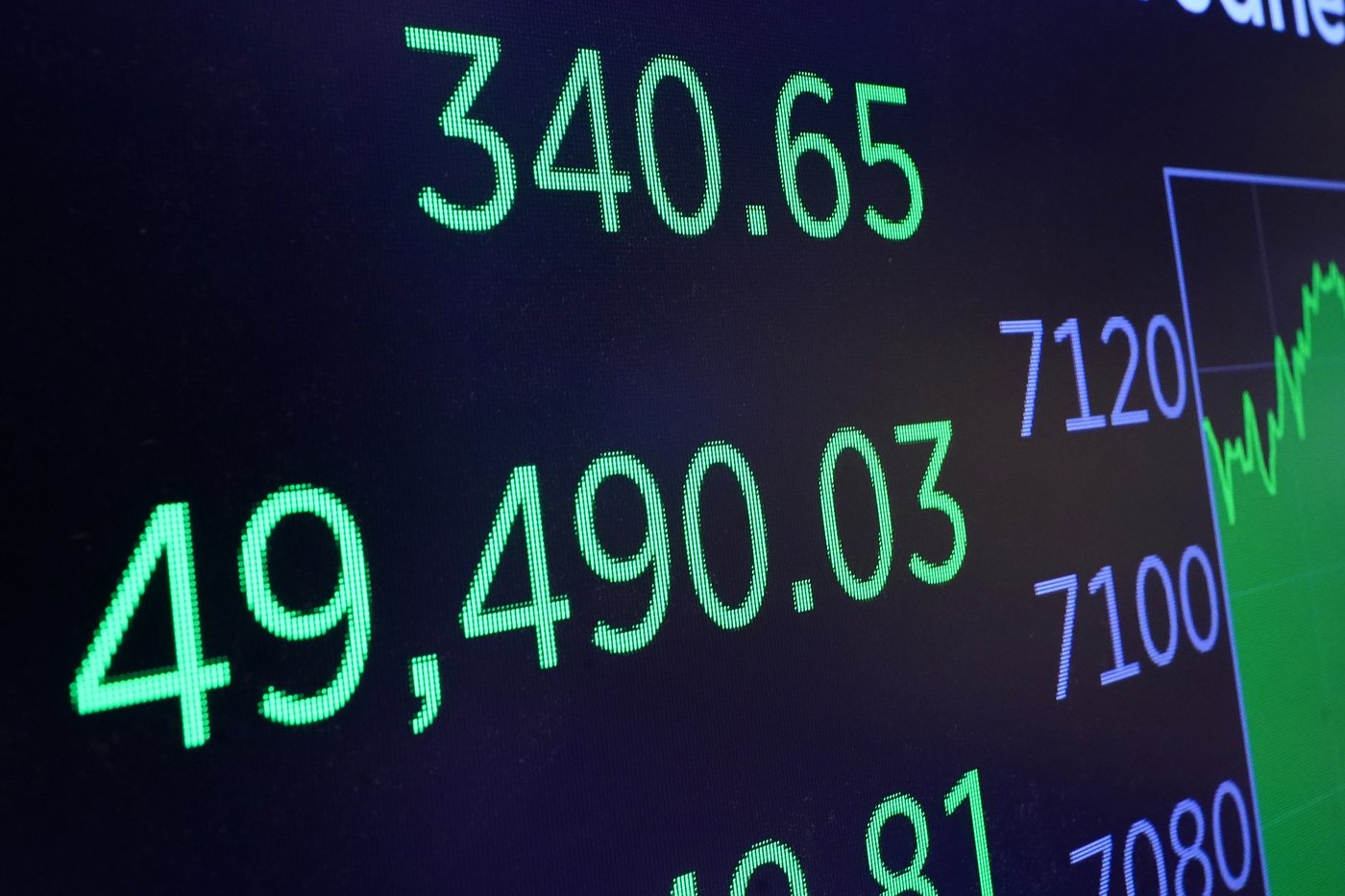 FILE - A board above the trading floor of the New York Stock Exchange displays the closing number for the Dow Jones industrial average, April 22, 2026. (AP Photo/Richard Drew, File)