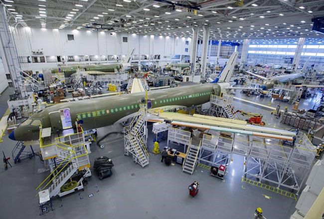 The union representing 1,300 workers at Airbus Canada says they have ratified a new five-year contract. The Airbus A220 assembly line is seen at the company's facility Monday, January 14, 2019 in Mirabel, Que. THE CANADIAN PRESS/Ryan Remiorz