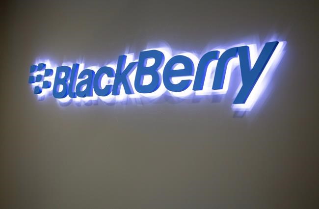 The BlackBerry logo located in the lobby of the company's B building in Waterloo, Ont. on Tuesday, May 29, 2018. BlackBerry Ltd. says some of its software and services have been chosen for use in a Foxconn-backed electric vehicle consortium. THE CANADIAN PRESS/Andrew Ryan
