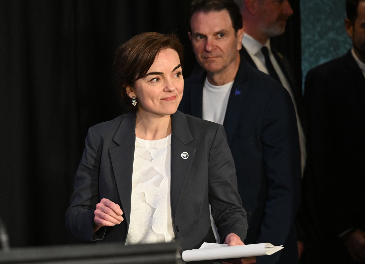 Quebec Premier Christine Fréchette walks in a news conference at a pre-session caucus meeting in Rivière-du-Loup, Que., Friday, May 1, 2026. François Bonnardel, Quebec minister of immigration, francization and integration, and government house leader, walks behind. THE CANADIAN PRESS/Jacques Boissinot