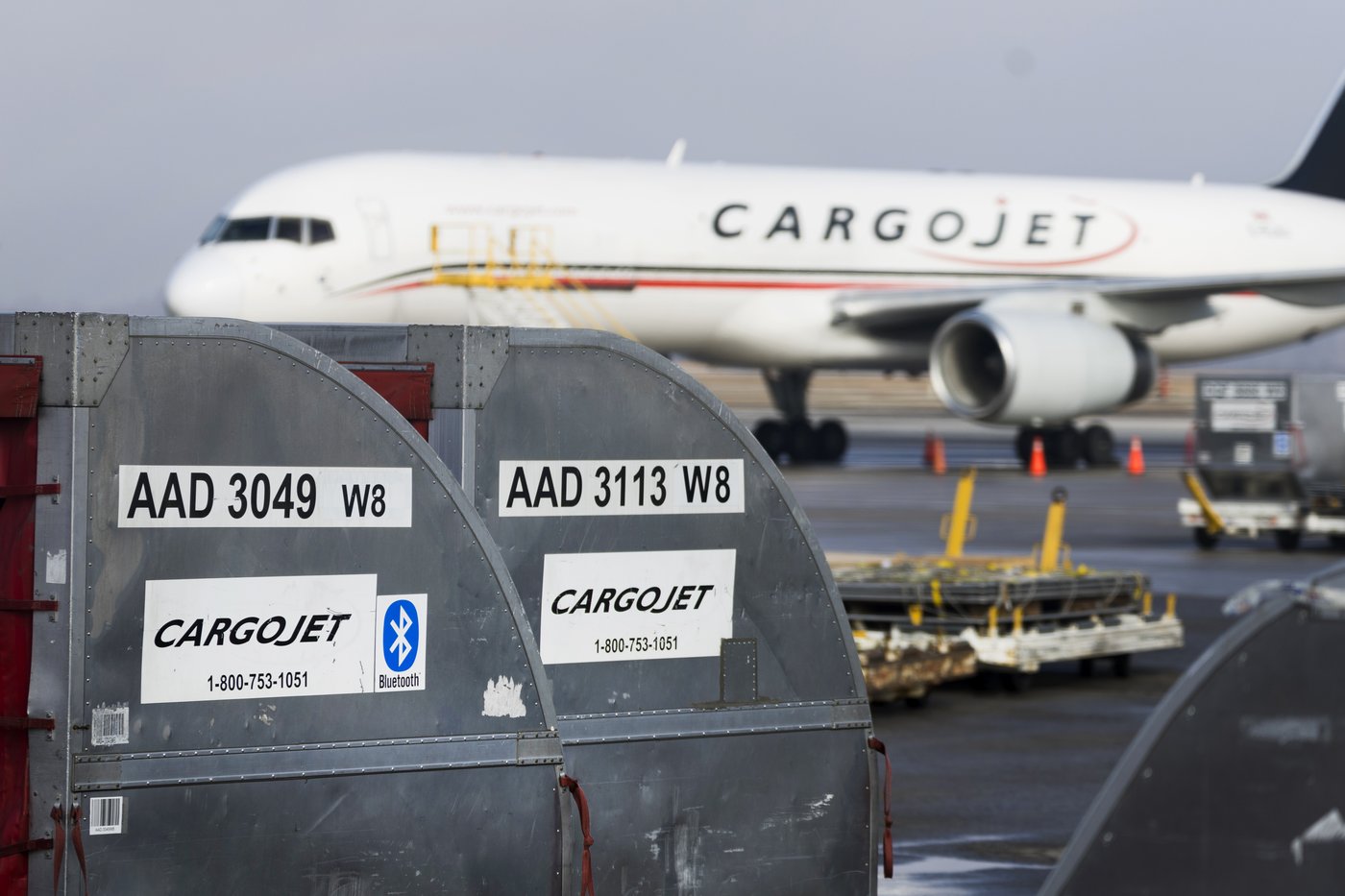 A Cargojet plane sits on the tarmac at the John C. Munro Hamilton International Airport in Hamilton on Friday, Feb. 23, 2024. THE CANADIAN PRESS/Nick Iwanyshyn