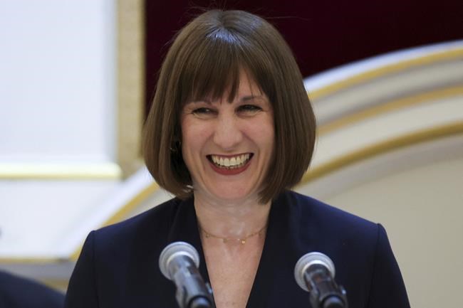 Chancellor of the Exchequer Rachel Reeves delivers her first Mansion House speech on financial services in the City of London, during the Financial and Professional Services Dinner, in the Egyptian Hall of Mansion House, Thursday, Nov. 14, 2024. (Isabel Infantes/PA via AP)
