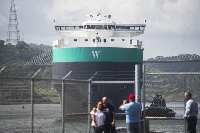 A cargo ship is guided through the Panama Canal, in Panama City, Wednesday, Jan. 17, 2024. (AP Photo/Agustin Herrera)
