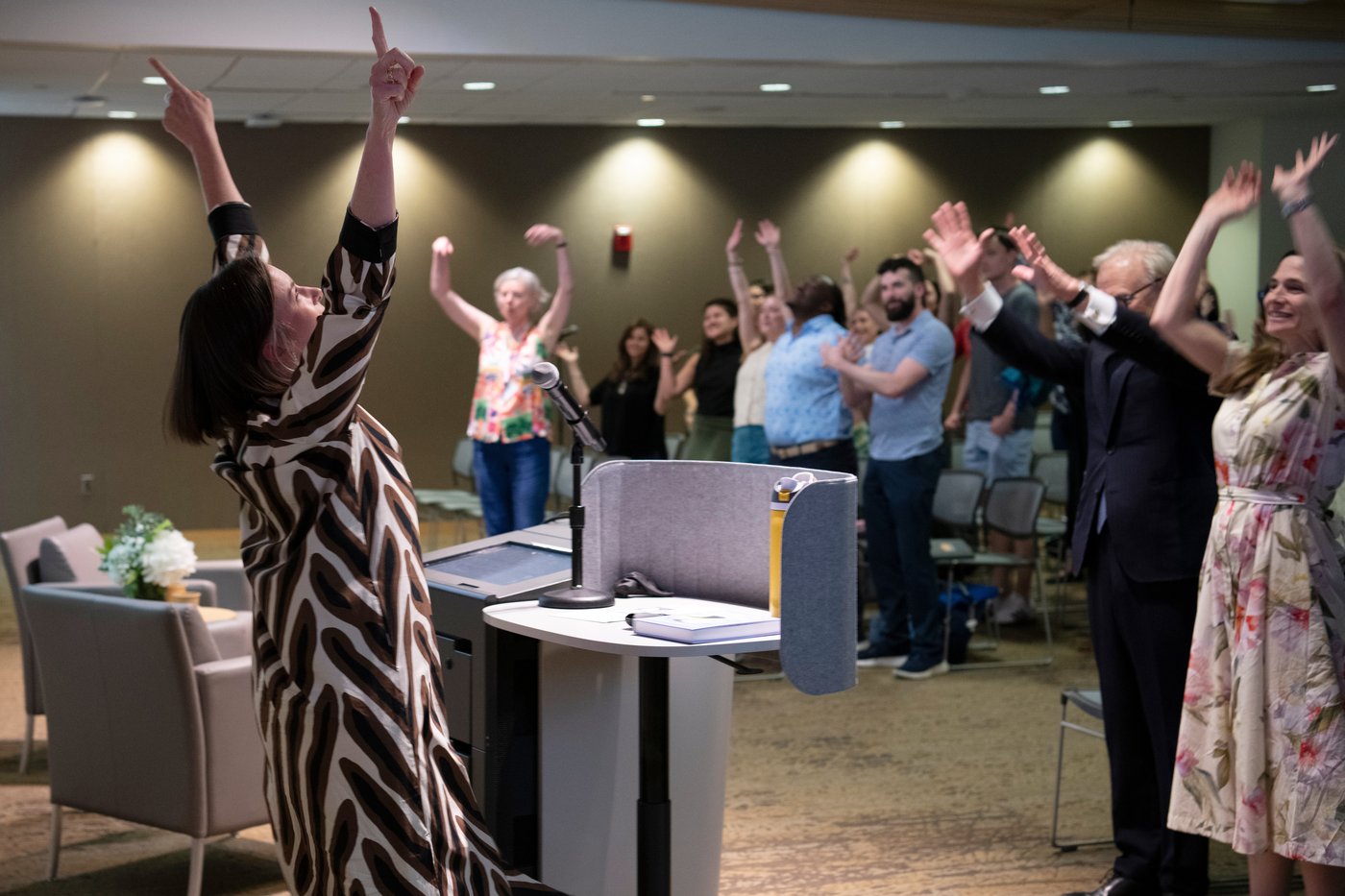 Katharine Wilkinson gives a talk about living with climate uncertainty at American University in Washington on April 14, 2026. (AP Photo/Michael Phillis)