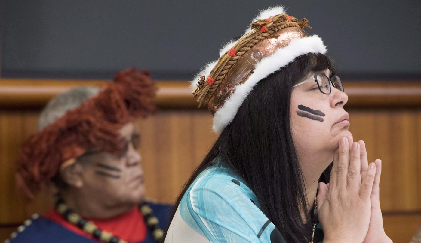 Heiltsuk Chief Councillor Marilyn Slett pauses for a moment during a news conference in Vancouver, Wednesday, Oct. 10, 2018. THE CANADIAN PRESS Jonathan Hayward