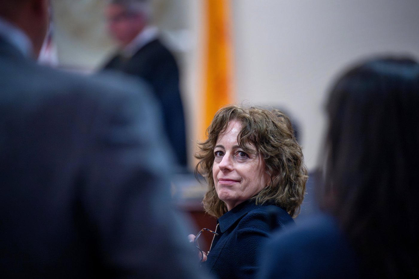 Linda Singer, an attorney representing the plaintiff, looks back at her co-counsel after making closing arguments, Monday, March 23, 2026, in state court, in Santa Fe, N.M., in a trial where the social media conglomerate is accused of misleading its users about how safe its platforms are for children. (Eddie Moore/The Albuquerque Journal via AP, Pool)