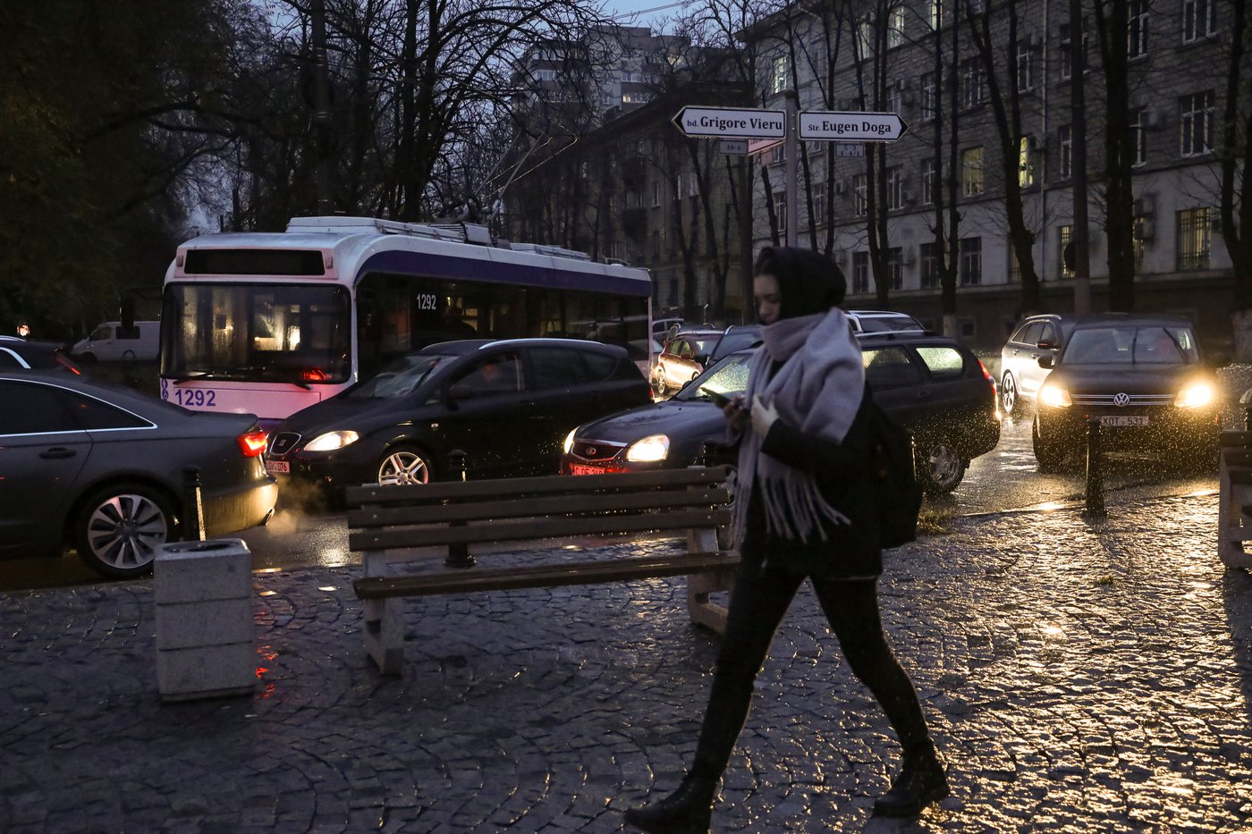 FILE - A trolley bus sits idle, unable to move, during a power outage in Chisinau, Moldova, Nov. 23, 2022. (AP Photo/Aurel Obreja, File)