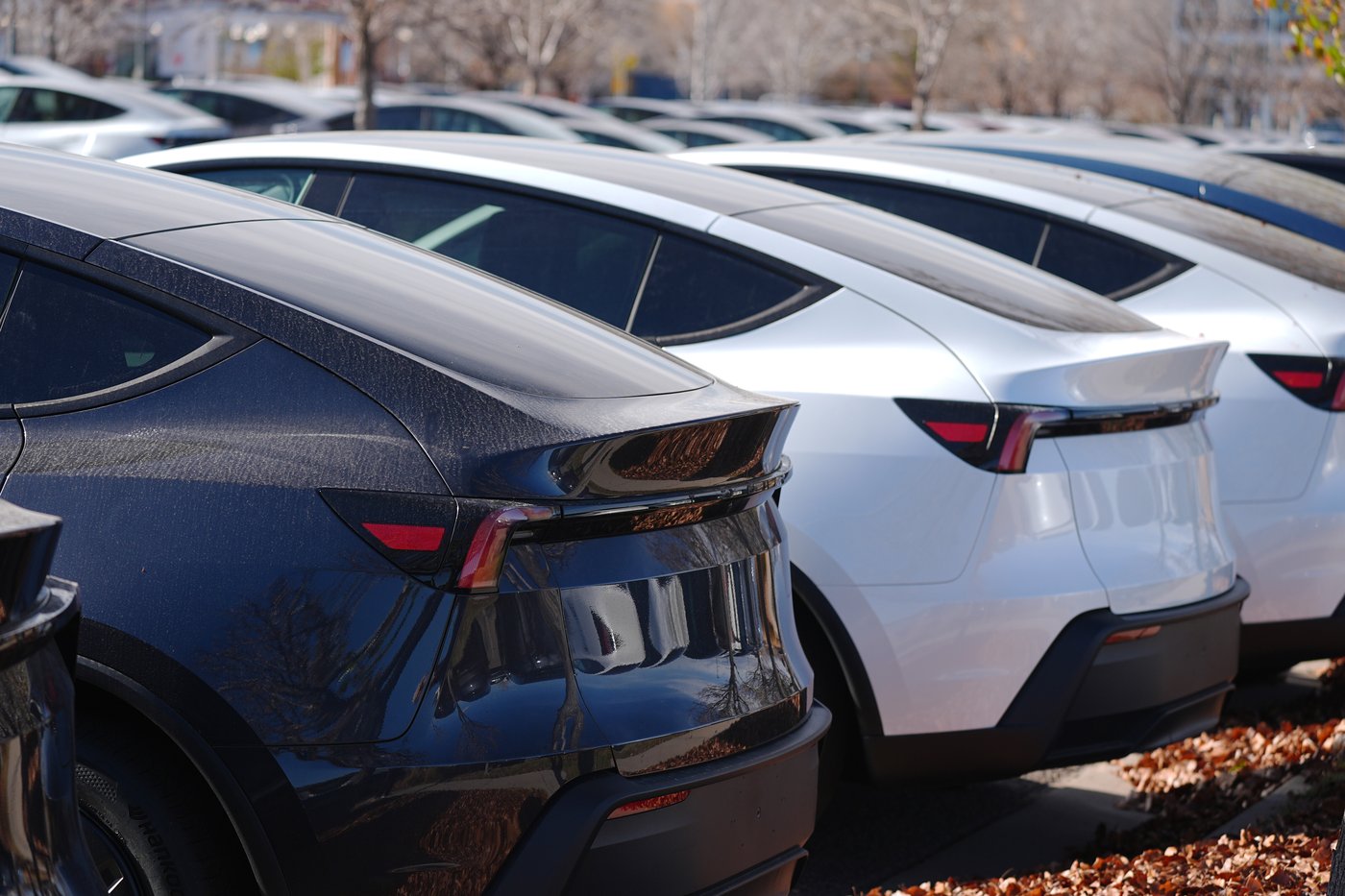 Unsold 2026 Tesla Model Y utility vehicles sit in a holding lot Tuesday, Nov. 25, 2025, in northeast Denver. (AP Photo/David Zalubowski)