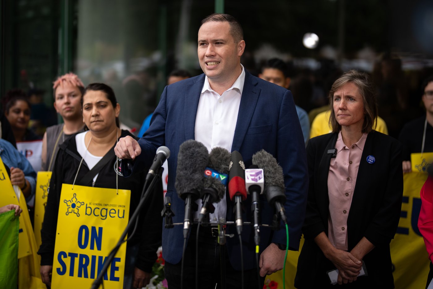 British Columbia General Employees' Union President Paul Finch speaks outside an ICBC driver licensing office, in Surrey, B.C., Monday, Sept. 8, 2025. THE CANADIAN PRESS