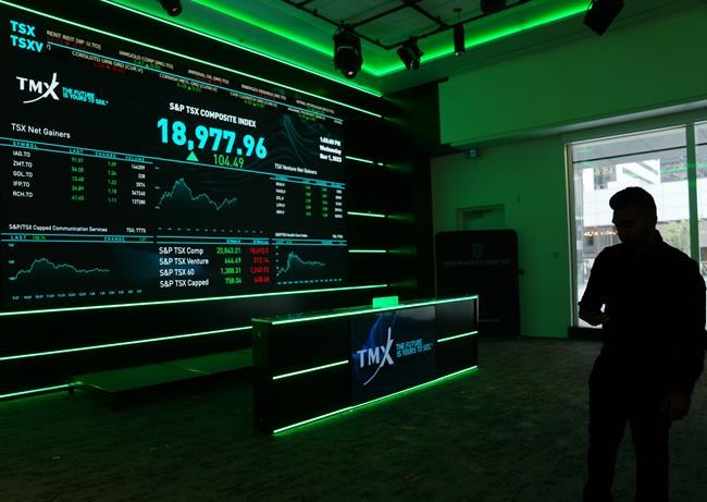 A signboard is displayed at the TSX in Toronto, Wednesday, Nov. 1, 2023. THE CANADIAN PRESS/Chris Young