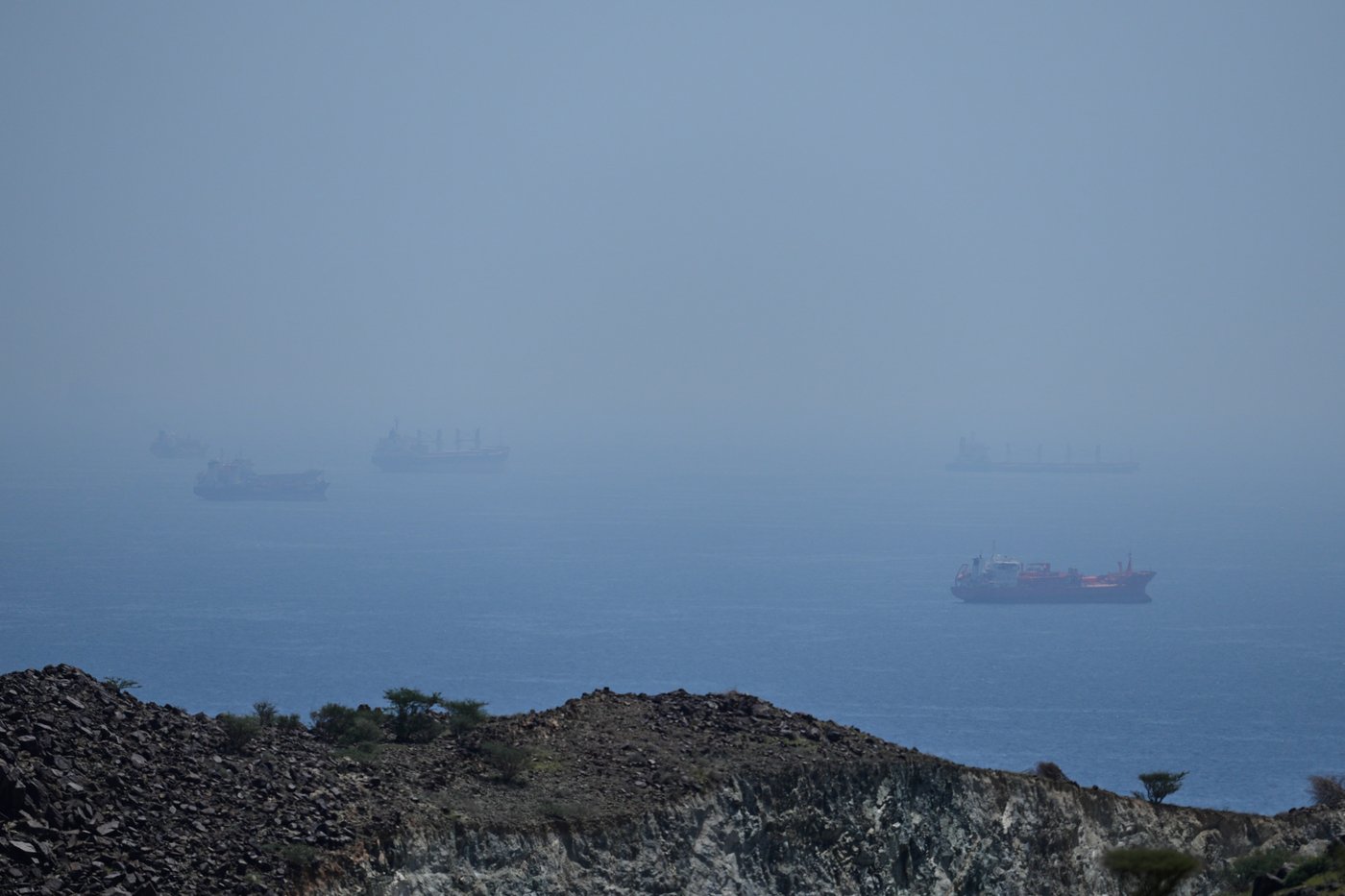 Tankers and bulk carriers anchored in the Strait of Hormuz, Saturday, April 18, 2026. (AP Photo)