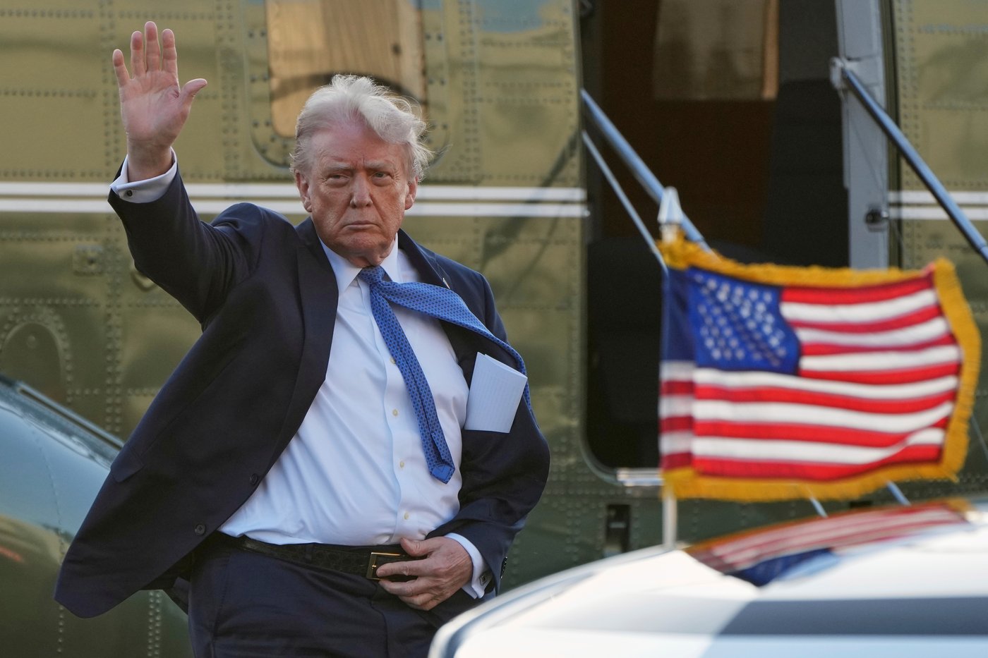 FILE - President Donald Trump arrives at Leesburg Executive Airport on Marine One in Leesburg, Va., Thursday, April 24, 2025, en route to Trump National Golf Club Washington DC in Sterling, Va. (AP Photo/Jacquelyn Martin, File)