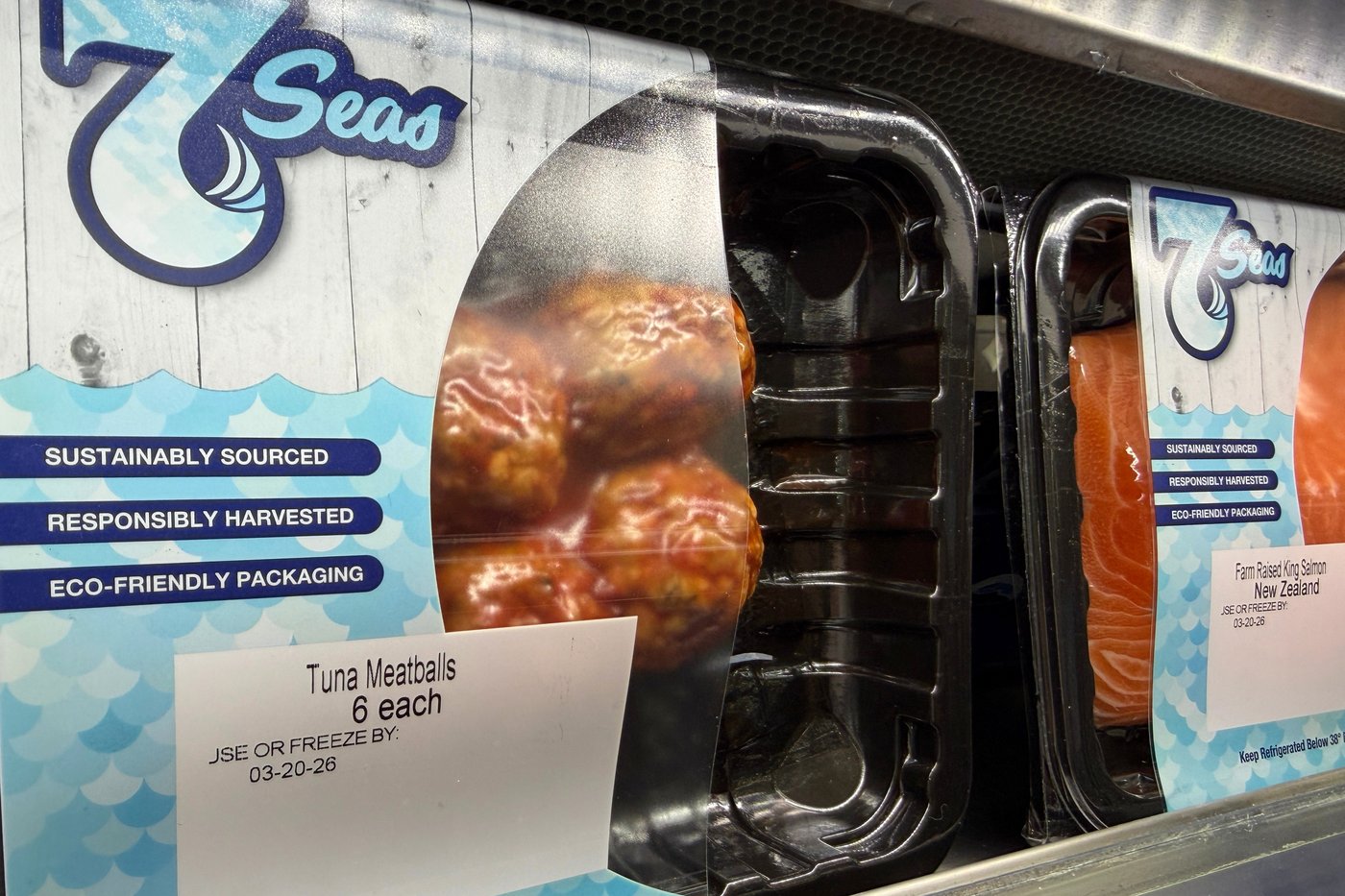 Tuna meatballs are displayed at the Seafood Expo North America in Boston on March 17, 2026. (J. M. Hirsch via AP)