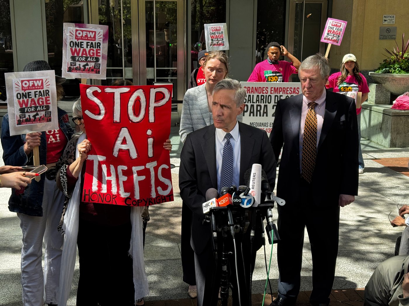 Bill Savitt, an attorney for OpenAI, speaks to the media after a jury ruled in the company's favor in a a federal trial in Oakland, Calif. on Monday, May 18, 2026. (AP Photo/Terry Chea)