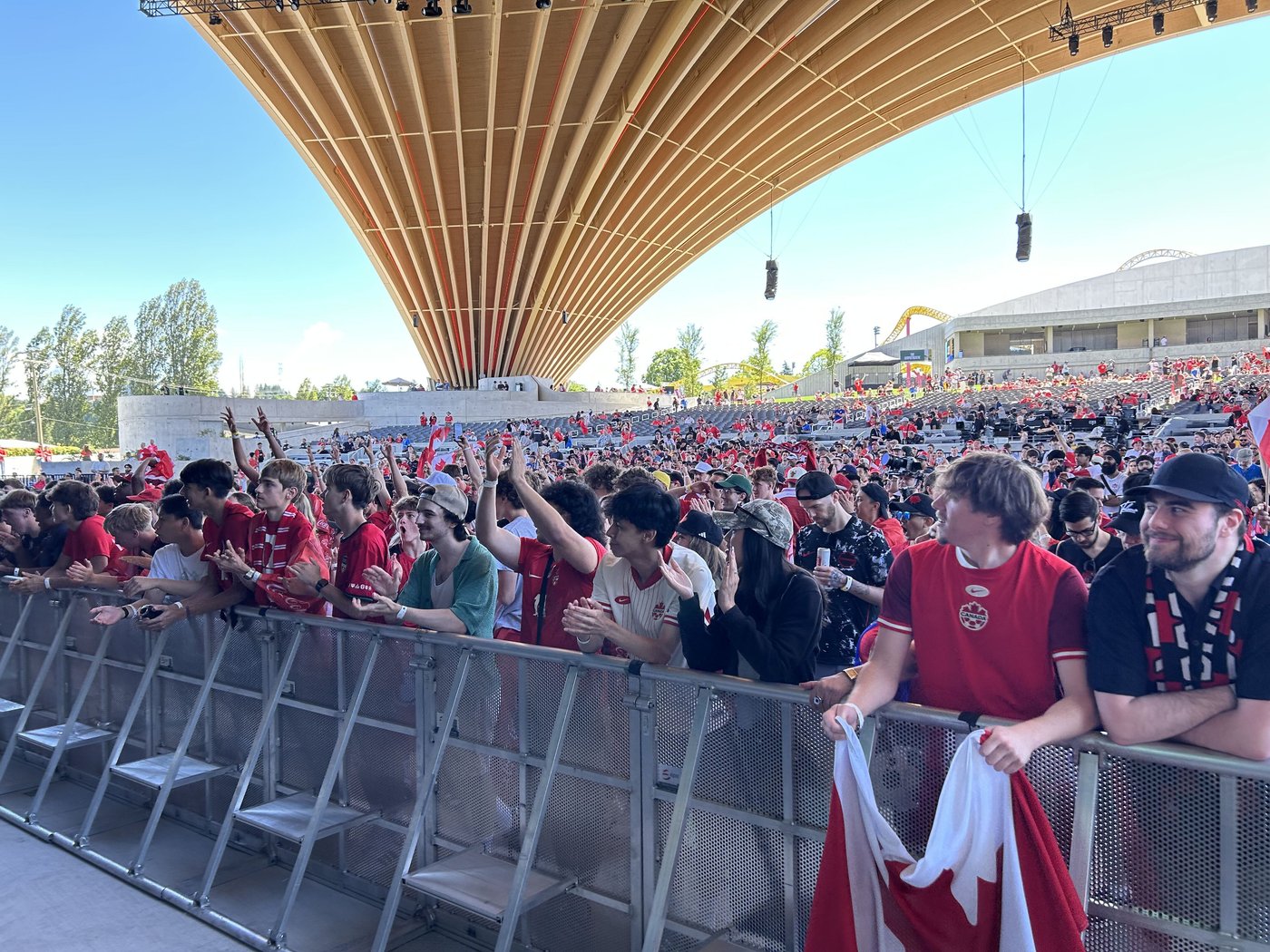 World Cup fans wait for the start of Canada's match with Bosnia-Herzegovina, in the PNE Amphitheatre at the FIFA Fan Festival in Vancouver, on Friday, June 12, 2026. THE CANADIAN PRESS/Brieanna Charlebois