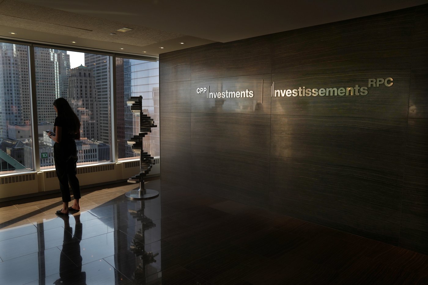 Signage is seen in the reception of CPP Investments' Toronto offices, on Thursday, September 21, 2023. THE CANADIAN PRESS/Chris Young