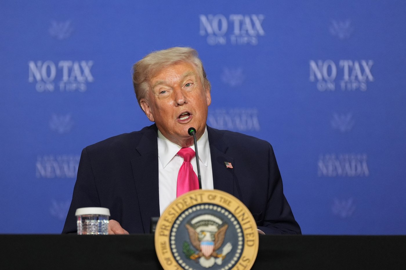 President Donald Trump speaks at a roundtable event about no tax on tips, Thursday, April 16, 2026, in Las Vegas. (AP Photo/Alex Brandon)