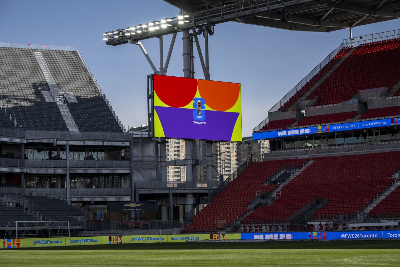 One of four giant LCD screens located around the pitch at BMO Field is shown as part of the stadium’s upgrades ahead of hosting six FIFA World Cup 2026 matches in Toronto on March 24, 2026. THE CANADIAN PRESS/Eduardo Lima