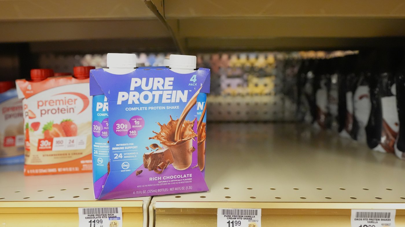 Protein products sit for sale at a grocery store, Wednesday, June 10, 2026, in Dallas. (AP Photo/LM Otero)