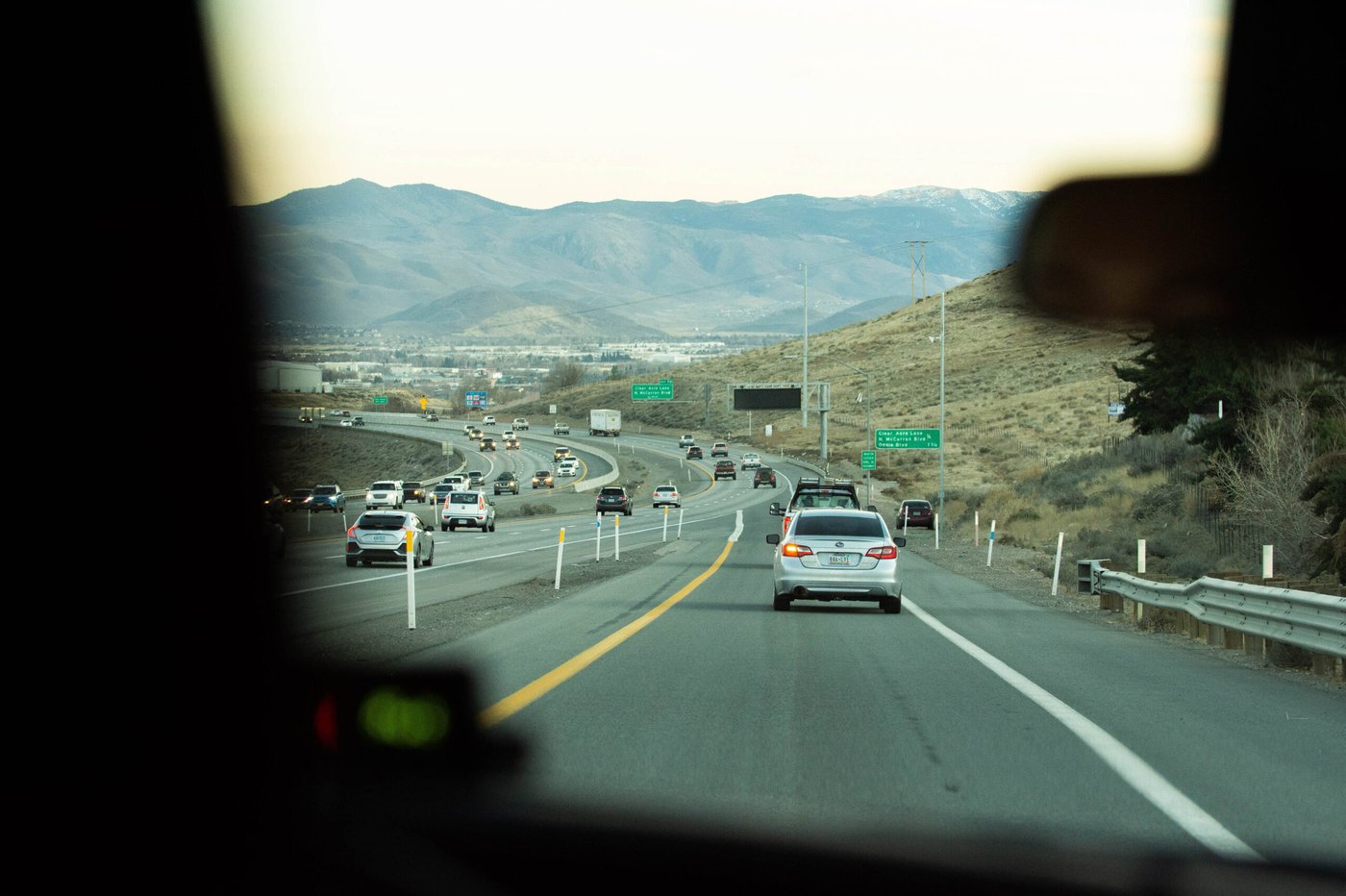 Nevada Highway Patrol Public Information Officer Trooper Hannah DeGoey drives along I-580 in Reno, Nev., on Feb. 14, 2020. (David Calvert/The Nevada Independent via AP)