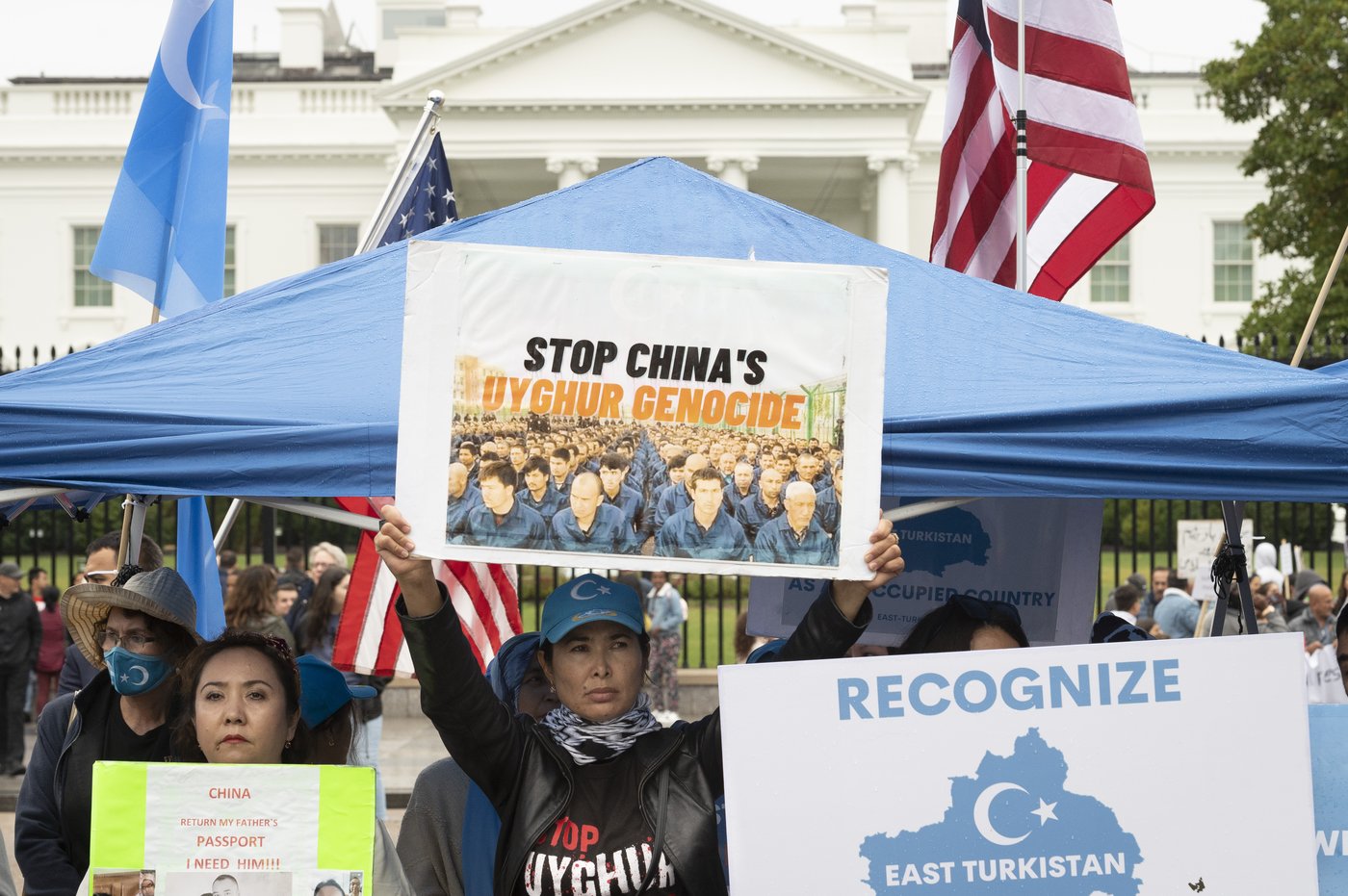 East Turkistan Awakening Movement holds a rally outside the White House against the Chinese Communist Party (CCP) to coincide with the 73rd National Day of the People's Republic of China in Washington, Saturday, Oct. 1, 2022. They protest against alleged oppression by the Chinese government against Uyghurs and other mostly Muslim ethnic groups in far-western Xinjiang province. China's government has been accused of human rights abuses against Uyghurs and other predominantly Muslim minorities in the region. (AP Photo/Cliff Owen)