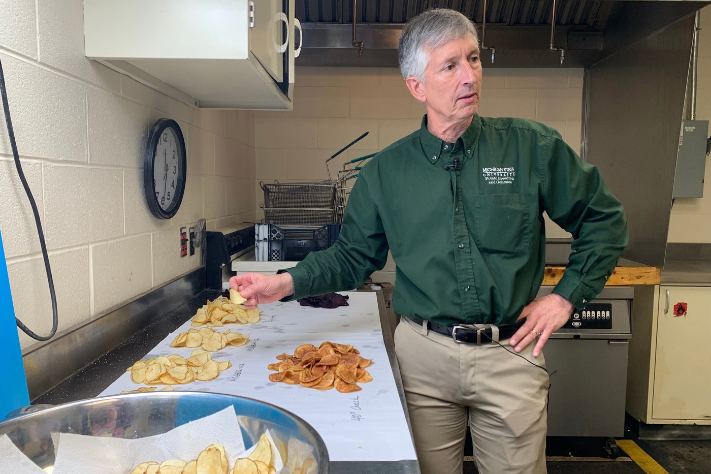 David Douches, a Michigan State University professor who leads the school's Potato Breeding and Genetics Program, holds a potato chip in his hand during a taste testing in East Lansing, Mich., on Tuesday, March 24, 2026 (AP Photo/Mike Householder)