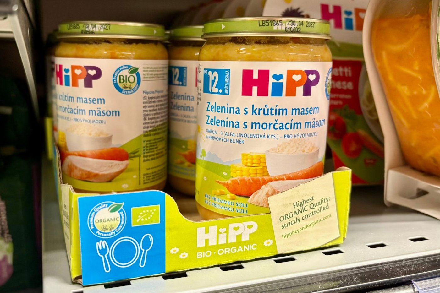 A view of HIPP baby food on a shelf, in Ceske Budejovice, Czech Republic, Sunday, April 19, 2026. (AP Photo/Stanislav Hodina)