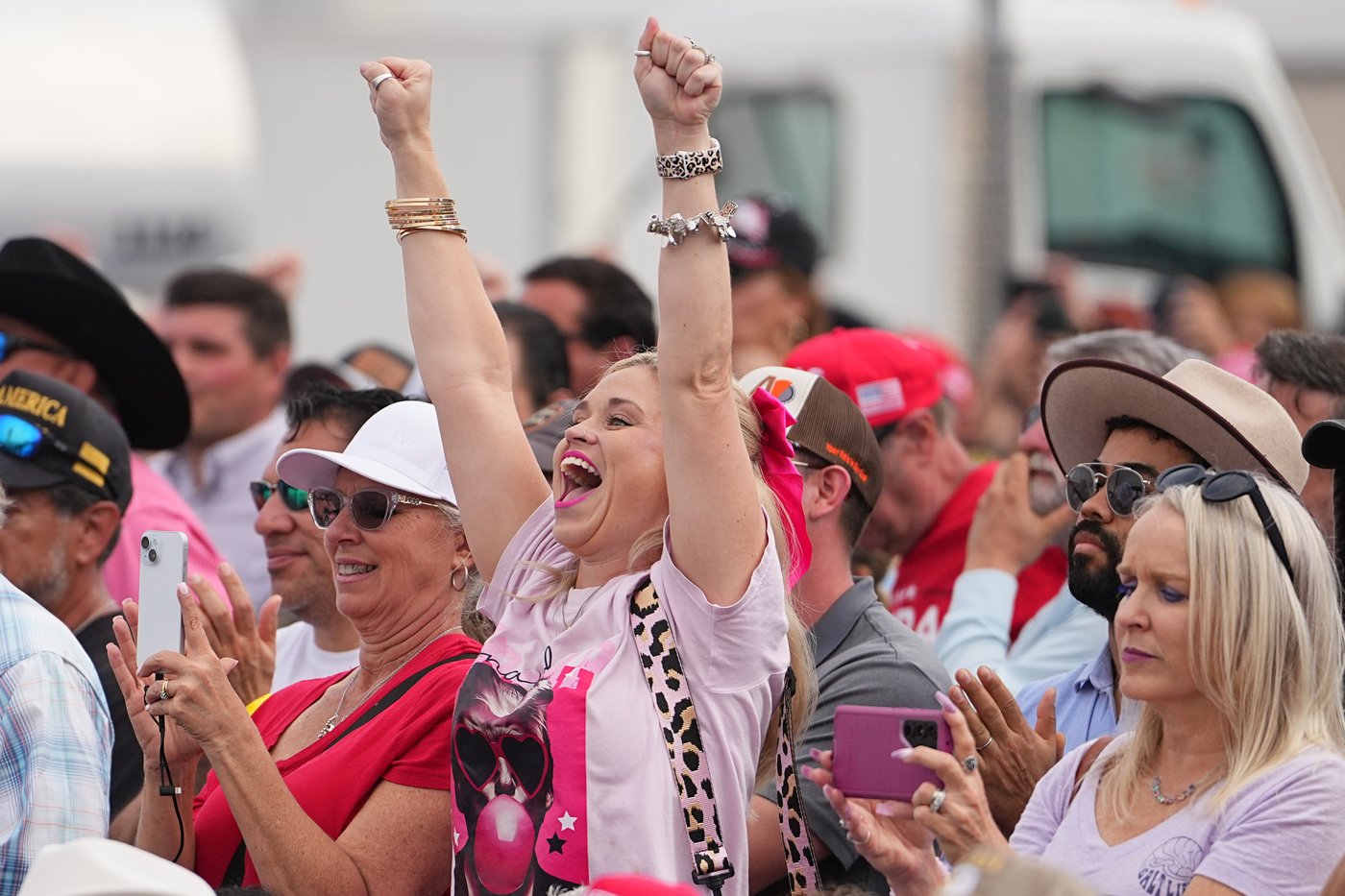 People cheer as President Donald Trump speaks at the Port of Corpus Christi in Corpus Christi, Texas on Friday, Feb. 27, 2026. (AP Photo/Matt Rourke)