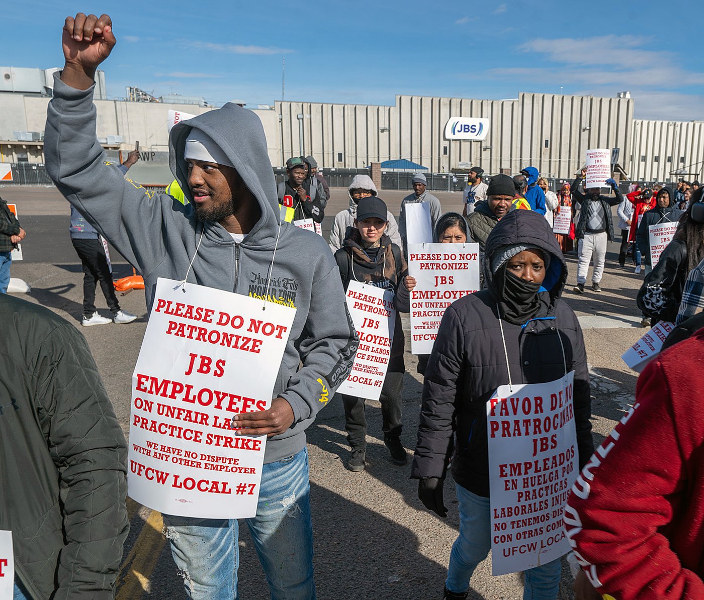 Workers from the JBS Beef Plant protest across the road from the plant on March 16, 2026 in Greeley, Colo. (Jerilee Bennett/The Gazette via AP)