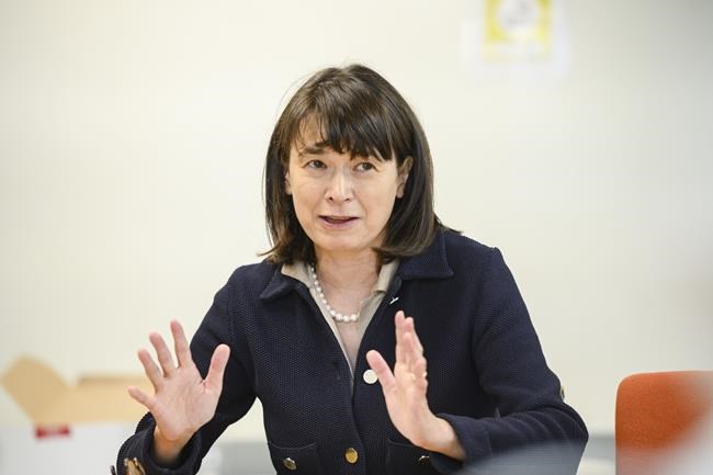 CMHC President and CEO Romy Bowers speaks to reporters in Toronto, Friday, June 16, 2023. Infrastructure Canada says the Bowers is stepping down. THE CANADIAN PRESS/Christopher Katsarov