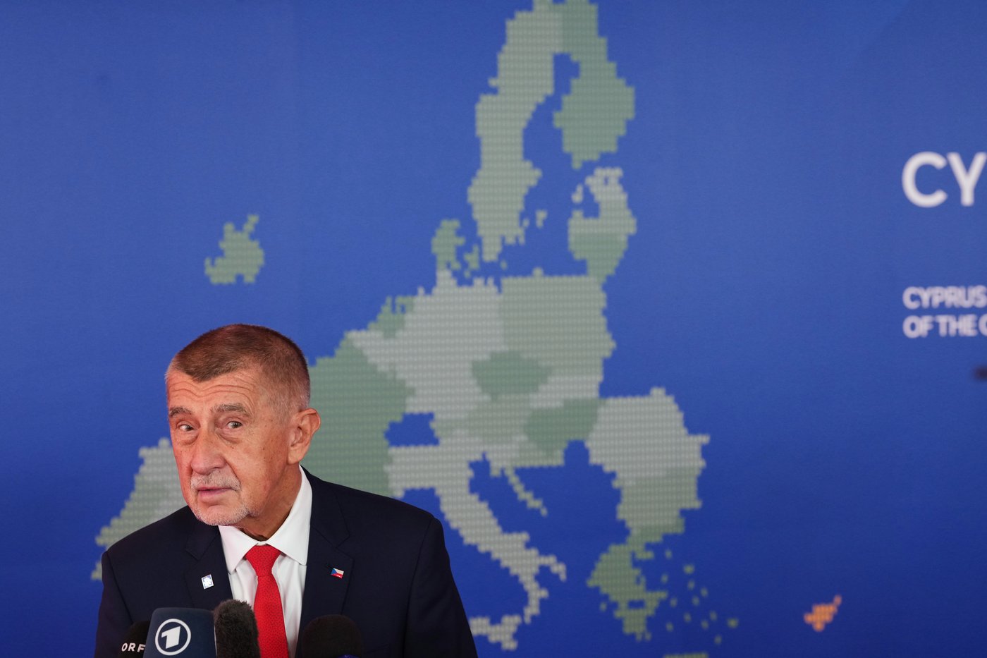 Czech Republic's Prime Minister Andrej Babis speaks with the media as he arrives for the EU Summit in Nicosia, Cyprus, Friday, April 24, 2026. (AP Photo/Petros Karadjias)