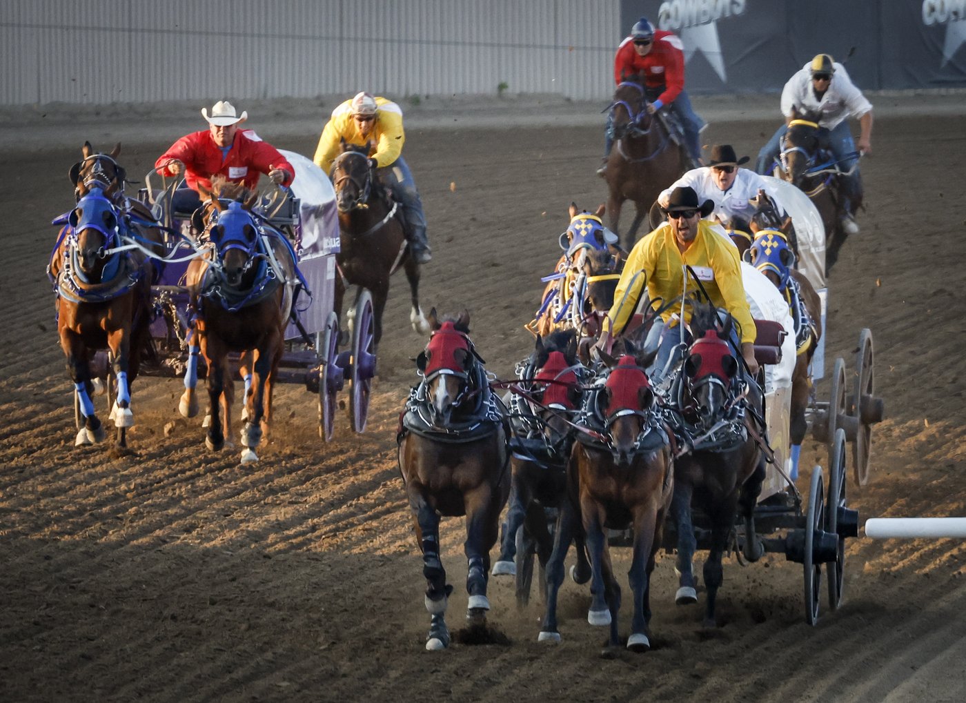 Drivers cross the finish line during chuckwagon racing action at the Calgary Stampede in Calgary, Alta., Saturday, July 8, 2023.THE CANADIAN PRESS/Jeff McIntosh