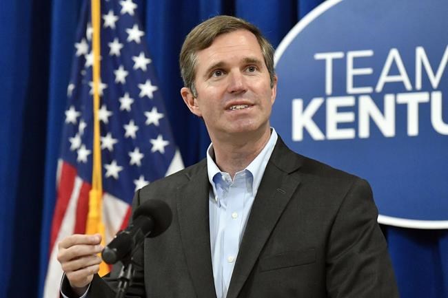 FILE - Kentucky Gov. Andy Beshear speaks to a group gathered to celebrate the governor signing an executive order banning the use of "conversion therapy" on minors, Wednesday, Sept. 18, 2024, in Frankfort, Ky. (AP Photo/Timothy D. Easley, File)